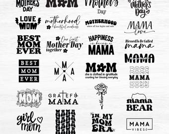 May include: A collection of black and white SVG designs with phrases like "Happy Mother's Day," "Best Mom Ever," and "Mama." The designs feature various fonts and floral accents, perfect for crafting projects. The words "MOM SVG BUNDLE" are at the bottom.