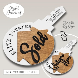 Puede incluir: Un letrero de llave reversible con "Vendido" y "Bienvenido a casa" sobre un diseño de vetas de madera. El letrero incluye el texto "Elite Estates" e información de contacto. También están presentes las palabras "Descarga digital" e información del tipo de archivo.