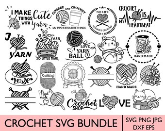 May include: A collection of black and white crochet-themed SVG graphics. Designs include yarn balls, knitting needles, hearts, and text such as "I make things with yarn," "Crochet is my heartbeat," and "Crochet Shop." The words "Crochet SVG Bundle" are also present.