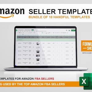 Könnte beinhalten: Ein Laptop, der eine Excel-Tabelle mit dem Text "amazon SELLER TEMPLATES" und "BUNDLE OF 10 HANDFUL TEMPLATES" anzeigt. Das Bild enthält auch den Text "FORMULATED SHEETS" und "10 TEMPLATES FOR AMAZON FBA SELLERS".