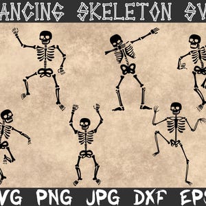 Peut inclure: Motif SVG de squelettes dansants en noir et blanc. L'image présente six squelettes dans différentes poses de danse. Le texte "DANCING SKELETON SVG" est en haut et "SVG PNG JPG DXF EPS" en bas.