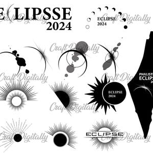 Peut inclure: Illustrations num&eacute;riques en noir et blanc sur le th&egrave;me des &eacute;clipses. Comprend des motifs de soleil, des phases de la lune et une silhouette de masse terrestre. Le texte indique "ELIPSSE 2024" et "ECLIPSE 2024".