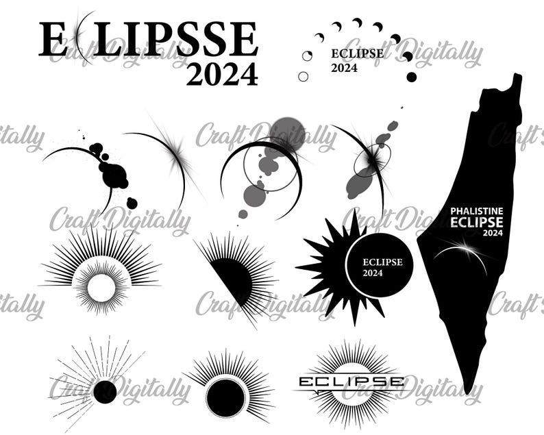 Peut inclure: Illustrations num&eacute;riques en noir et blanc sur le th&egrave;me des &eacute;clipses. Comprend des motifs de soleil, des phases de la lune et une silhouette de masse terrestre. Le texte indique "ELIPSSE 2024" et "ECLIPSE 2024".