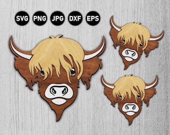 SVG de vaca de las Tierras Altas en capas 3D, decoración rústica para el hogar (descarga digital) Diseño SVG de vaca escocesa, decoración rústica de granja, lindo archivo de corte láser