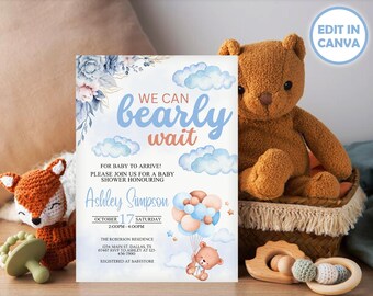 Baby Shower Invite, Bear Baby Invite Editable Digital Invitation, Custom Baby Card, Baby Bear Design, Baby Party Invite Cute Bear Template.