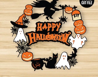 Halloween Decoration Wreath Svg, Interchangeable Spooky Door Wreath, Layered Pumpkin, Ghost Spider Web, 3D Mandala SVG, Paper Craft File.
