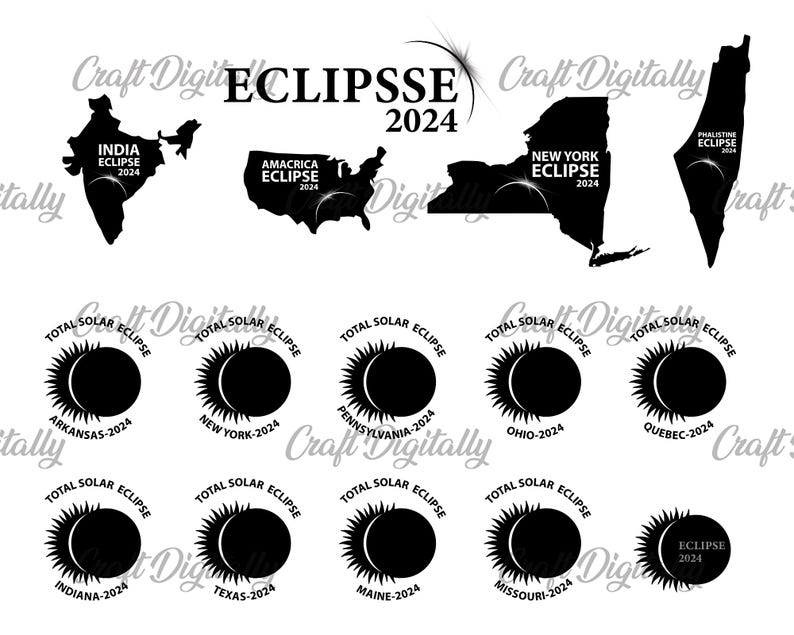 Peut inclure: Ensemble de graphiques en noir et blanc sur le th&egrave;me de l'&eacute;clipse de 2024. Comprend des silhouettes de l'Inde, des &Eacute;tats-Unis, de New York et de la Palestine, ainsi que des illustrations d'&eacute;clipses solaires avec des noms d'&Eacute;tats.