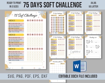 Szablon do druku 75 Soft Challenge, 75 Medium Challenge Tracker, Edytowalny 75 Soft Planer, Dziennik ćwiczeń, Codzienny tracker nawyków i kondycji fizycznej.