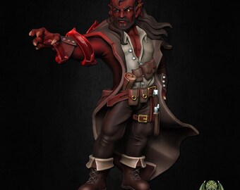 Pode incluir: Uma figura em miniatura vermelha e marrom de um demônio com chifres com um casaco comprido e uma camisa branca. A figura está em uma pose dinâmica, com um braço estendido. O texto "PRE-SUPPORTED" está no canto inferior esquerdo.