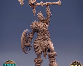 Pode incluir: Figura em miniatura detalhada de um guerreiro, segurando um grande machado acima da cabeça e um escudo ao lado. A figura está vestida com armadura e pele, com detalhes intrincados. A figura está em uma base rochosa. Da coleção "Sentinels of the Eastern Peaks".