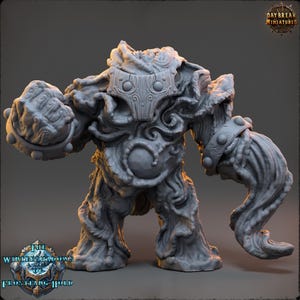 May include: A gray miniature figure of a fantasy creature with a wooden mask and textured, tree-like body. The figure has large, armored fists and is from the "Winter's Shadows of Frostfang Hold" collection by Daybreak Miniatures.