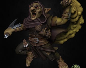 Pode incluir: Miniatura de um goblin verde com uma expressão ameaçadora, vestindo uma capa com capuz marrom e armadura de couro. Ele segura uma lâmina em uma mão e um apêndice grotesco e amarelo na outra. O texto "PRE-SUPPORTED" está na parte inferior.