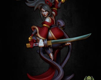 Pode incluir: Figura detalhada de uma guerreira com um traje vermelho e dourado, segurando duas katanas. A figura tem cabelo comprido e cinzento e está em uma pose dinâmica. A base é escura com o texto "PRE-SUPPORTED" na parte inferior. O logotipo "Miniatures of Madness" também é visível.