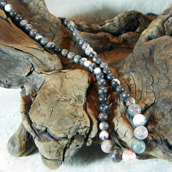 Black gray white pink jasper necklace 18" long 8mm beads lobster clasp semiprecious stone jewelry packaged  in a colorful gift bag 11814