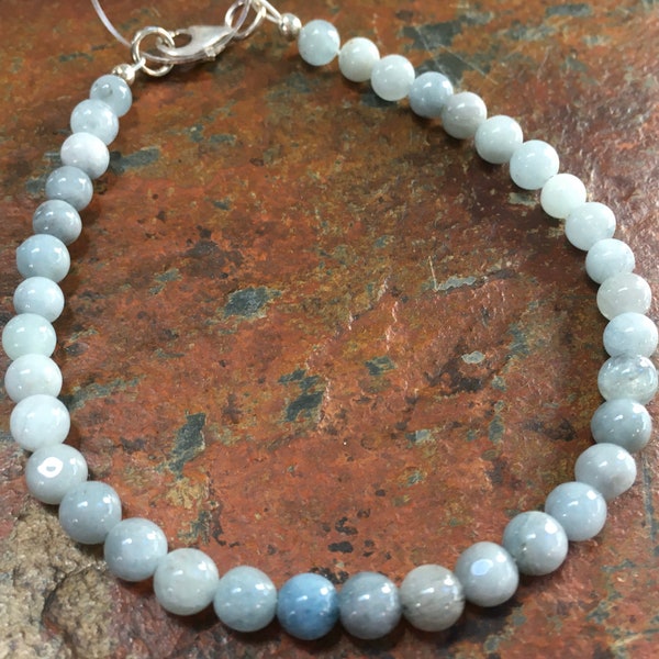 Pale blue aquamarine bracelet 8.25" long March October birth stone semiprecious stone jewelry packaged in a colorful gift bag 11858