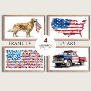 FRAME TV Bundle 4. Juli Tv Art Aquarell | Vaterländische Digitale Kunst für Frame Tv | Amerikanische Flagge Hund, Vintage LKW, USA Karte | Samsung Tv