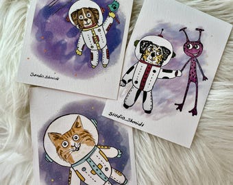 Vykortset med 3: Rymddjur, astronautkatt och hund, teckning av utomjordingar, konstkorttryck baserat på original illustration med alkoholpenna
