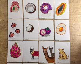 Vykortsset / A6 – Mix-Match | Djur- och matillustrationer | Tryckt från handmålade original (skanning) | 300 g/m²