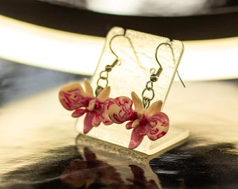 Orkidéörhängen – Handgjorda blomstersmycken av polymerlera – Krokar i rostfritt stål – Romantiska blomstersmycken – Present till henne
