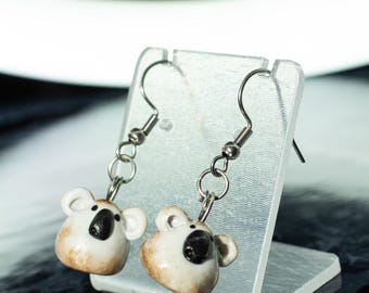 Koalaörhängen – Handgjorda djurörhängen av polymerlera – Present till djurälskare – Kawaii-smycken – Krokar i rostfritt stål