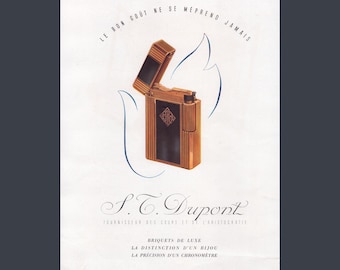 Impresión vintage de encendedor de lujo S.T. Dupont: anuncio de diseño francés de mediados de siglo de los años 50