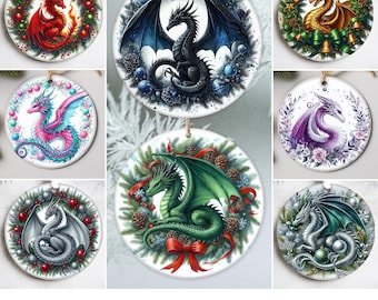 20+ Holiday Dragons Ornament Designs, Christmas Dragons Sublimation Designs, Wreath Dragon Ornament Bundle Png, Commercial Use