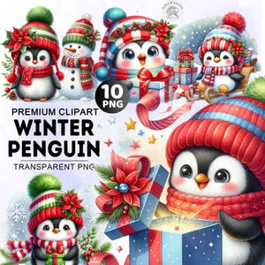 10+ Christmas Penguin Clipart Bundle, Watercolor Winter Penguin Clipart, Cute Penguin Christmas Png, Christmas Bundle Png, Commercial Use