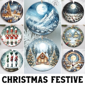 20+ Watercolor Christmas Night Ornament Designs, Christmas Round Sublimation Designs, Round Ornament Bundle Png, Commercial Use