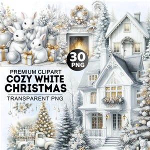 30+ Christmas White Clipart Bundle, Watercolor Cozy White Christmas Clipart, Elegant Holiday Png, Christmas Bundle Png, Commercial Use