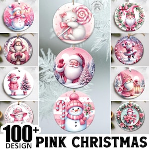 Mais de 100 designs de enfeites festivos para festas, designs de sublimação de Natal rosa, pacote de enfeites de Feliz Natal em PNG, uso comercial