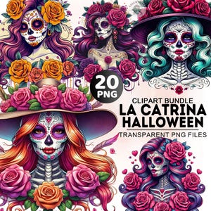 La Catrina dag van de doden clipartbundel, Día de Los Muertos png, suikerschedel clipart, chicano png, Mexicaanse clipart, 20+ bloemen png