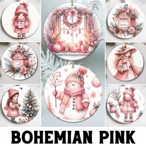 Mais de 20 designs engraçados de enfeites de Natal, designs de sublimação de Natal rosa boho, pacote de enfeites de Natal feliz PNG, uso comercial