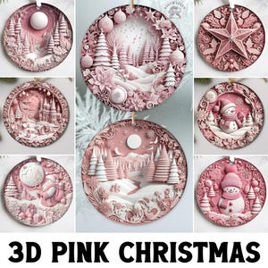 Mais de 20 designs de enfeites festivos de Natal, designs de sublimação de Natal rosa 3D, pacote de enfeites de inverno rosa PNG, uso comercial