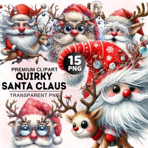 15+ Quirky Christmas Santa Clipart Bundle, Watercolor Quirky Santa Claus Clipart, Funny Christmas Png, Christmas Bundle Png, Commercial Use