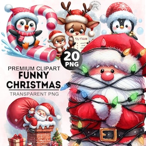 20+ Comical Santa Clipart Bundle, Watercolor Funny Christmas Clipart, Whimsical Christmas Png, Christmas Bundle Png, Commercial Use