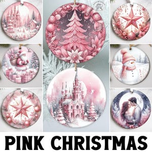Mais de 20 designs de enfeites festivos de Natal, designs de sublimação de Natal rosa, pacote de enfeites de inverno rosa PNG, uso comercial