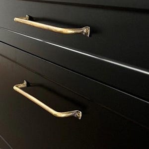 May include: Close-up of black kitchen cabinets with gold-coloured handles. The cabinet doors have a recessed panel design. The gold handles are curved and have a textured appearance. The image highlights the contrast between the dark cabinets and the bright hardware.