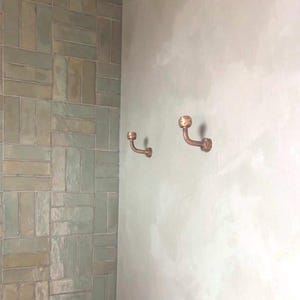 May include: Two copper-toned metal wall hooks with a curved J-shape design and a rounded knob at the end. Each hook features a circular mounting plate attached to the wall, showcasing a metallic finish that contrasts with the surrounding wall.