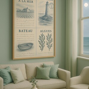 Côte et campagne françaises vintage - Phare, manoir, bateau et algues - Art numérique à téléchargement immédiat