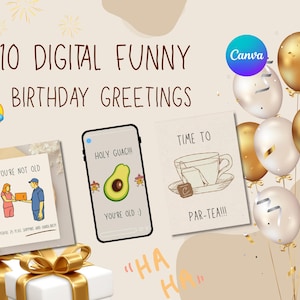 10 Funny Birthday Templates for Instant Download: Pun-inspired design in a flat greeting card and social media sizes.