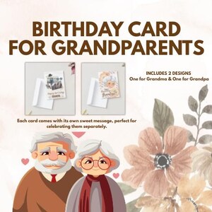 Birthday Card Templates for Grandparents | Two Editable Designs for Grandma and For Grandpa Printabel A5 Greeting Card with letter inside