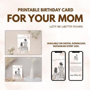 Cartão de aniversário para impressão para mãe Feliz aniversário, presente para mãe, cartão de aniversário da filha Feliz aniversário, mamãe, modelo para download instantâneo