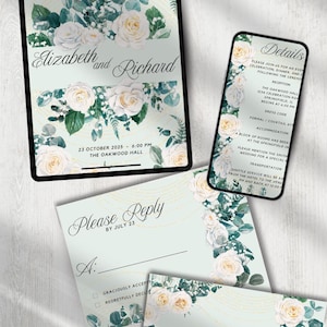 Bearbeitbare Hochzeitseinladungsvorlage - Weiße Rosen & Grünpflanzen, Sofort-Download, Canva Hochzeitskarte