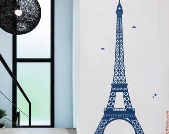 Eiffel Tower Wall Decal: Paris Silhouette Decor with Clouds & Plane