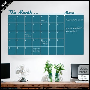 Chalkboard Monthly Wall Calendar with Memo - Year spot. Liquid chalk vinyl decal - Month planner decal - Perpetual planner