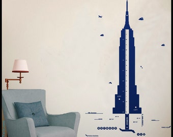 KID CHART DECAL Height Growth from the Empire State Building in New York City in inches with subway, plane, clouds