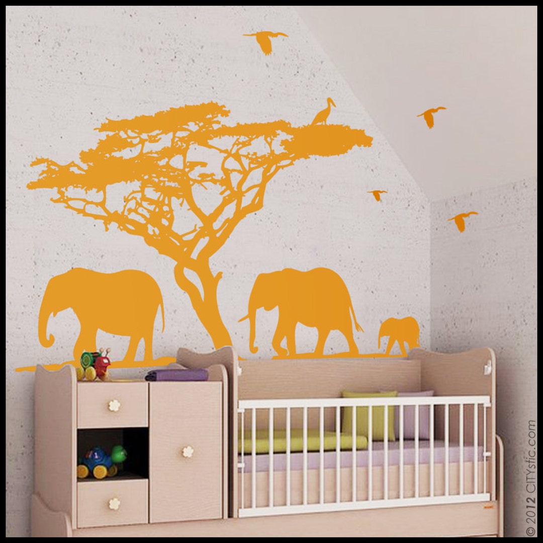 Elephant Wall Decal Huge Elephant Family in an African Scene With