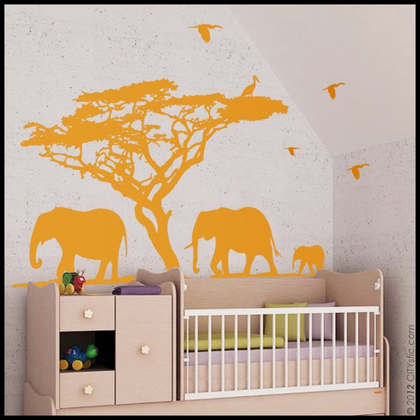 Elephant Wall Decal : Huge Elephant family in an African scene with tree and birds, ideal for kids bedroom