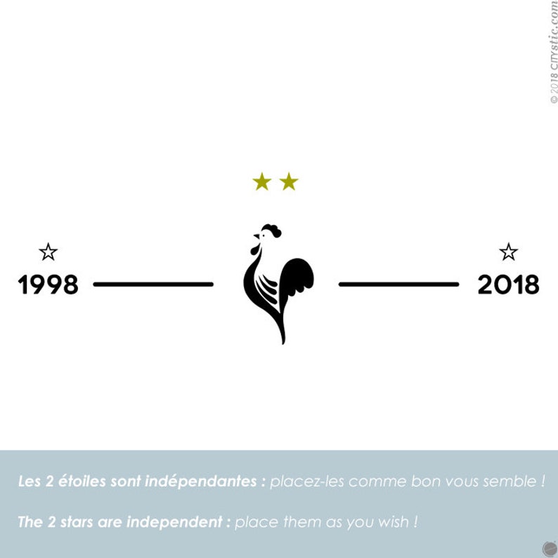 Puede incluir: Una ilustraci&oacute;n en blanco y negro de un gallo con dos estrellas doradas encima. El gallo est&aacute; situado entre los a&ntilde;os 1998 y 2018. El texto debajo de la imagen dice "Les 2 &eacute;toiles sont ind&eacute;pendantes: placez-les comme bon vous semble!" y "The 2 stars are independent: place them as you wish!"