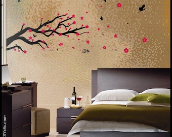 CHERRY TREE DECAL : Japanese Sakura Cherry Tree Branch with color blossoms and many birds flying, dragonflies, flowers, pollens